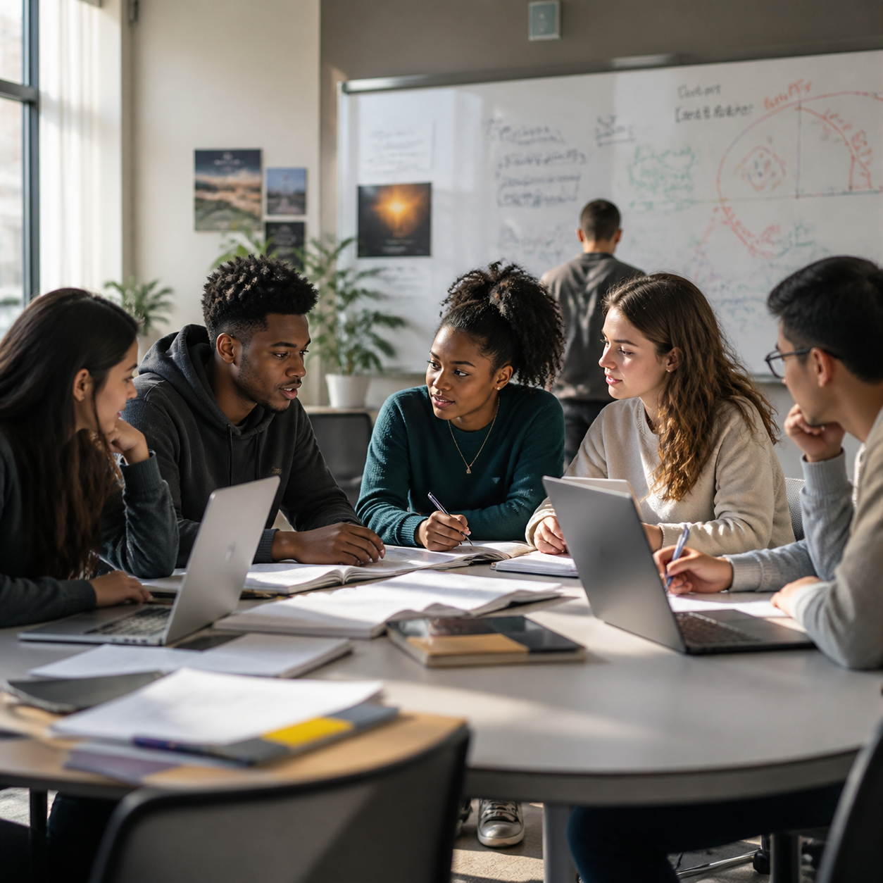 Diverse Students Collaborating in Bright University Classroom-1