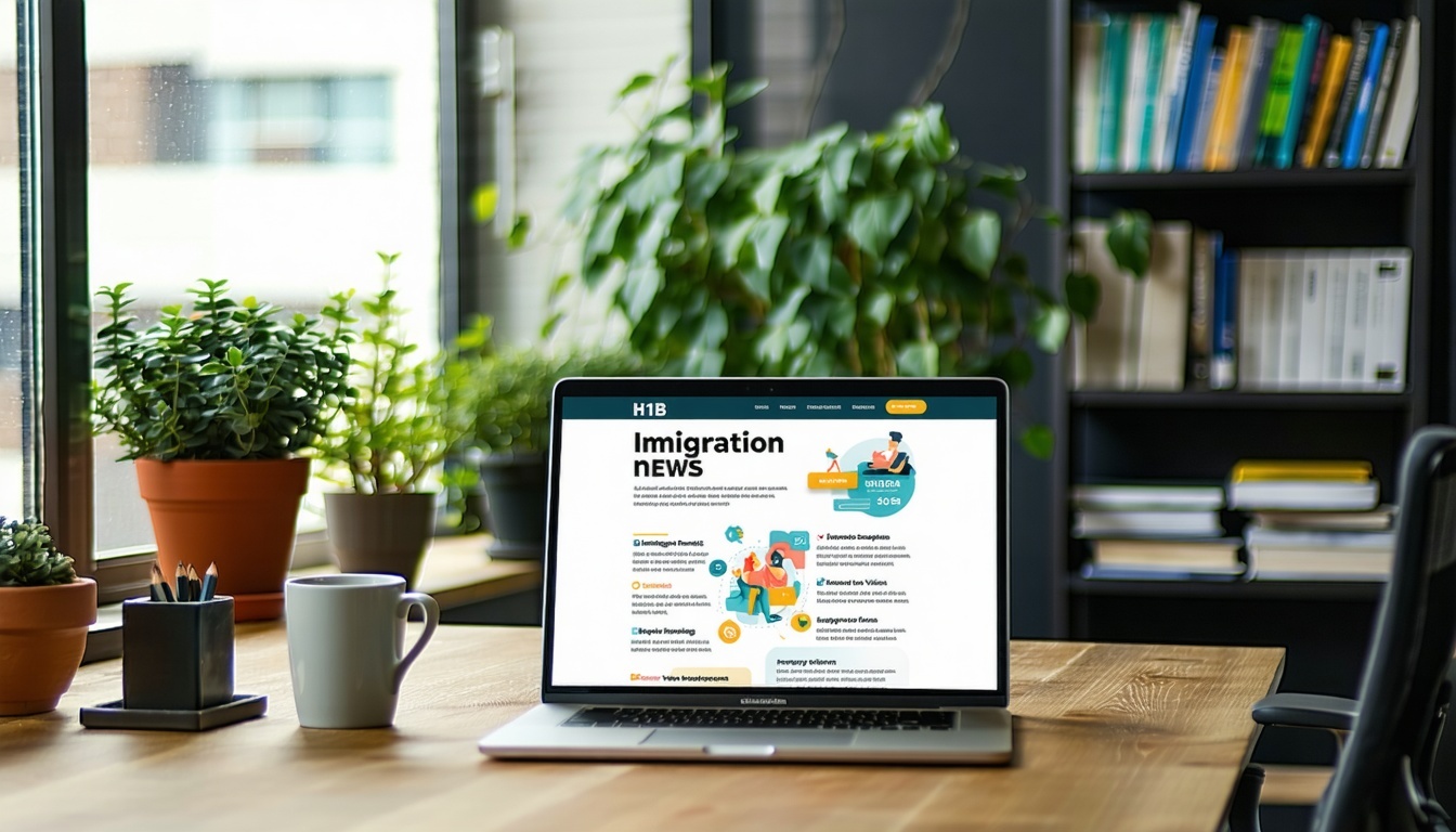 The image features a modern office environment with a sleek desk showcasing a laptop open to a webpage about immigration news The screen displays a colorful infographic outlining the rights and opportunities for H1B and H4 visa holders Surrounding th-1