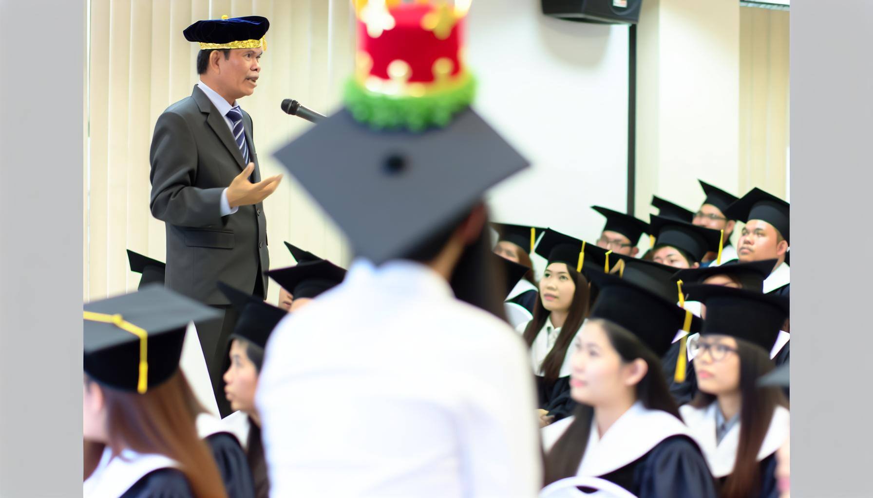 size 64 content dba, a person wear crown cap and look like a leader giving speech, like graduation ceremony