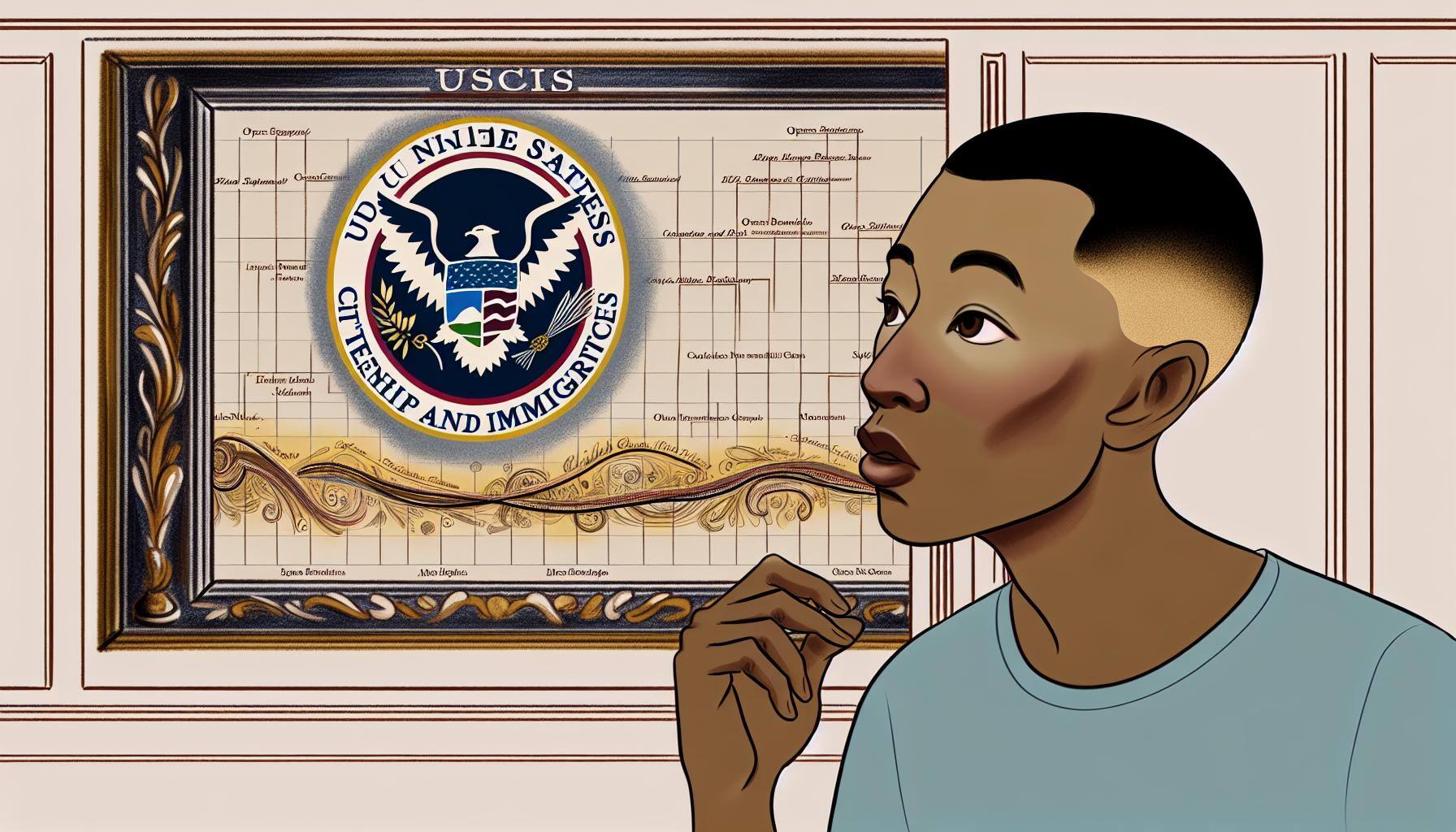 size 64content a person who is curious about how the timeline is like, and at his background, on the wall, theres a logo of uscis with the entire na