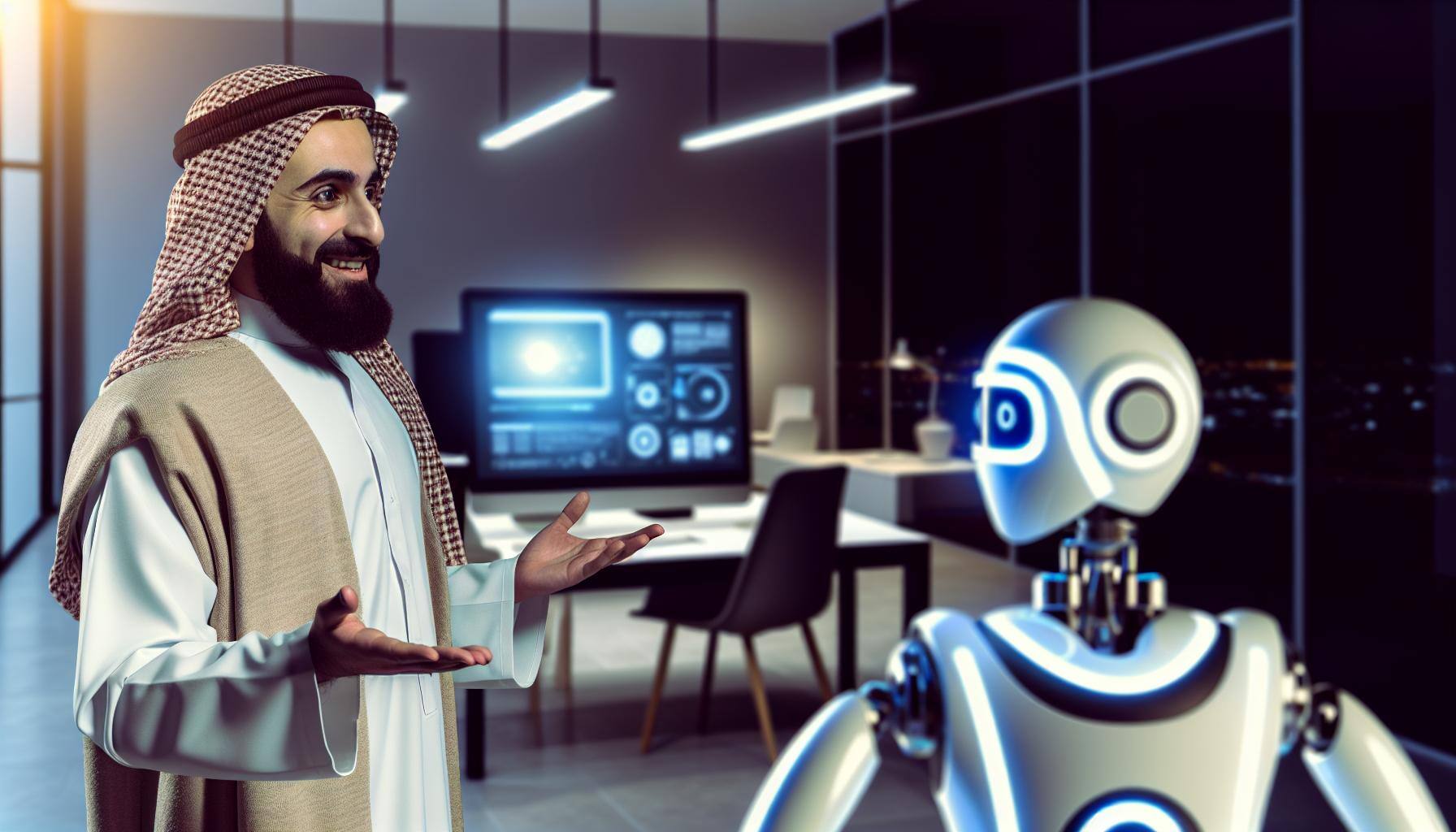 size64 content a person with beard is interacting with a robot and theres a computer on the side