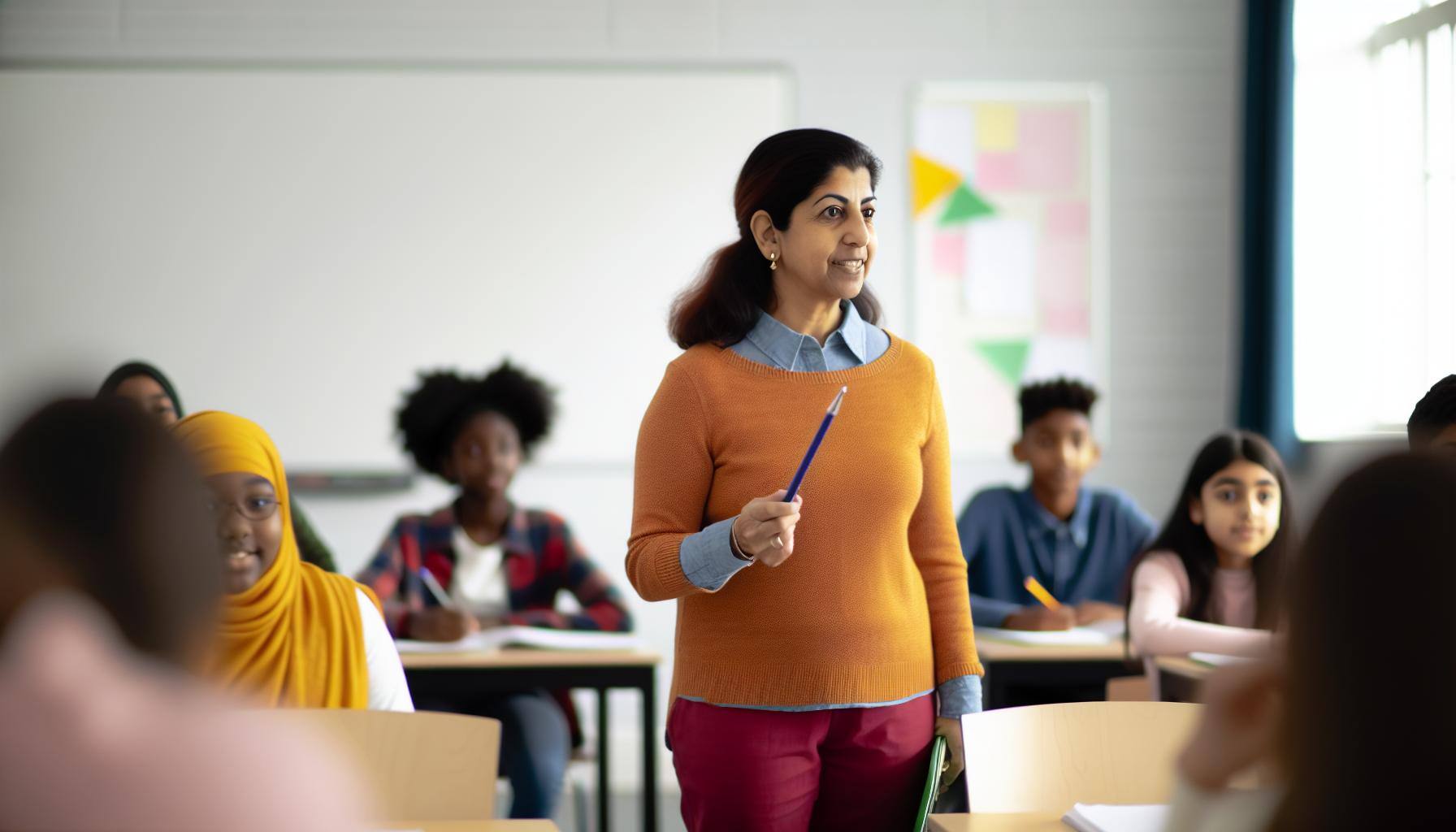 size64 content a teacher in a classroom standing in front of the whiteboard holding a stick, the classroom should be bright and there should be studen