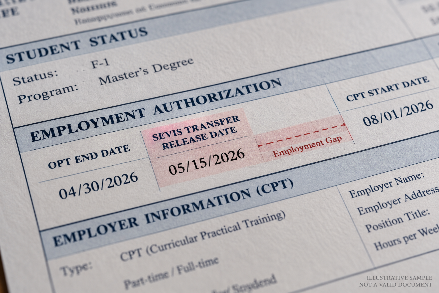 Close-up of an illustrative F-1 student document showing SEVIS transfer release date, OPT end date, CPT start date, and employment gap.