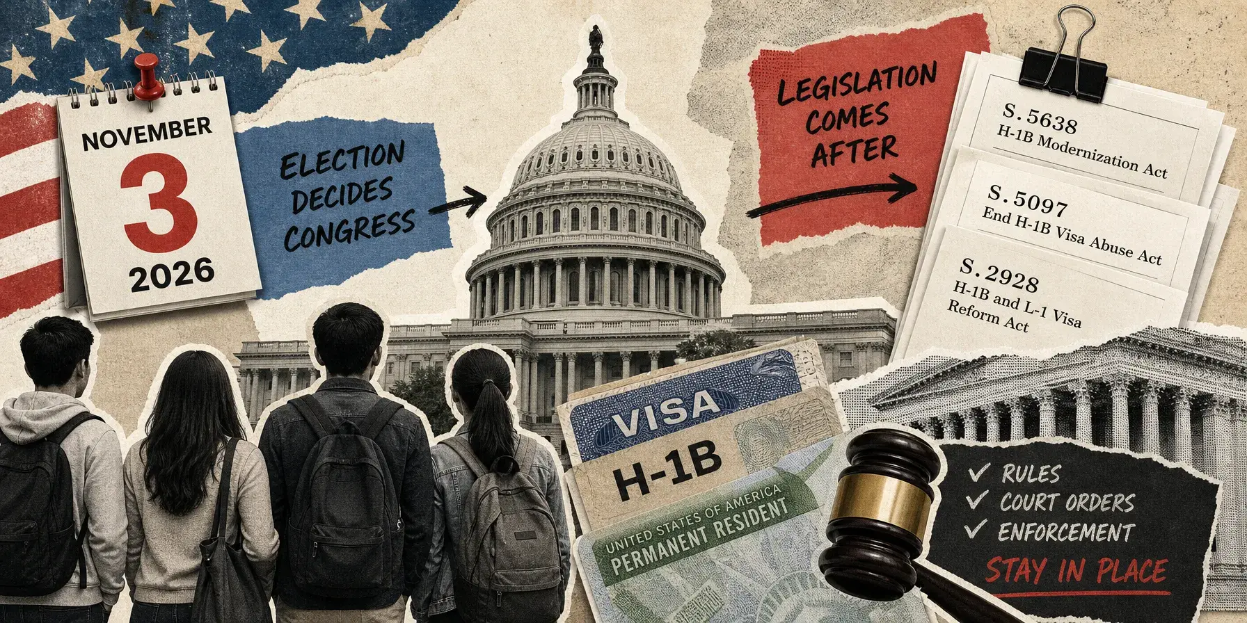 Editorial collage of the U.S. Capitol, a November 3, 2026 calendar, H-1B and green card documents, pending bills, and a gavel.