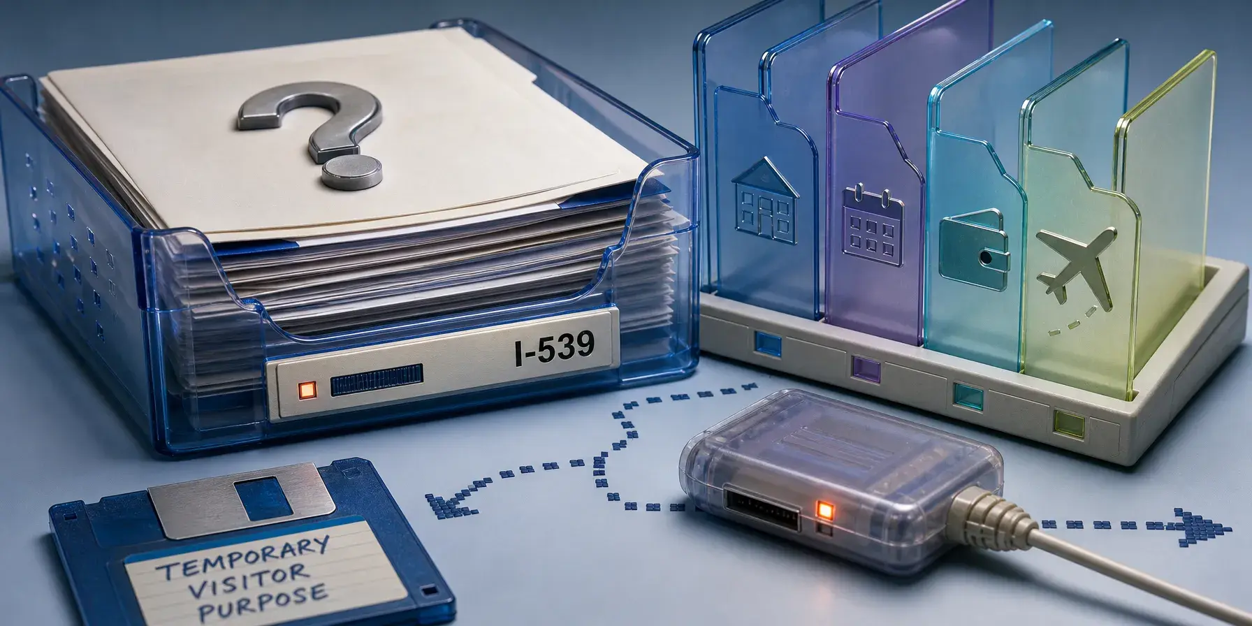 Conceptual display of an I-539 file topped by a question mark, with a “temporary visitor purpose” disk and folders for housing, dates, finances, and travel.
