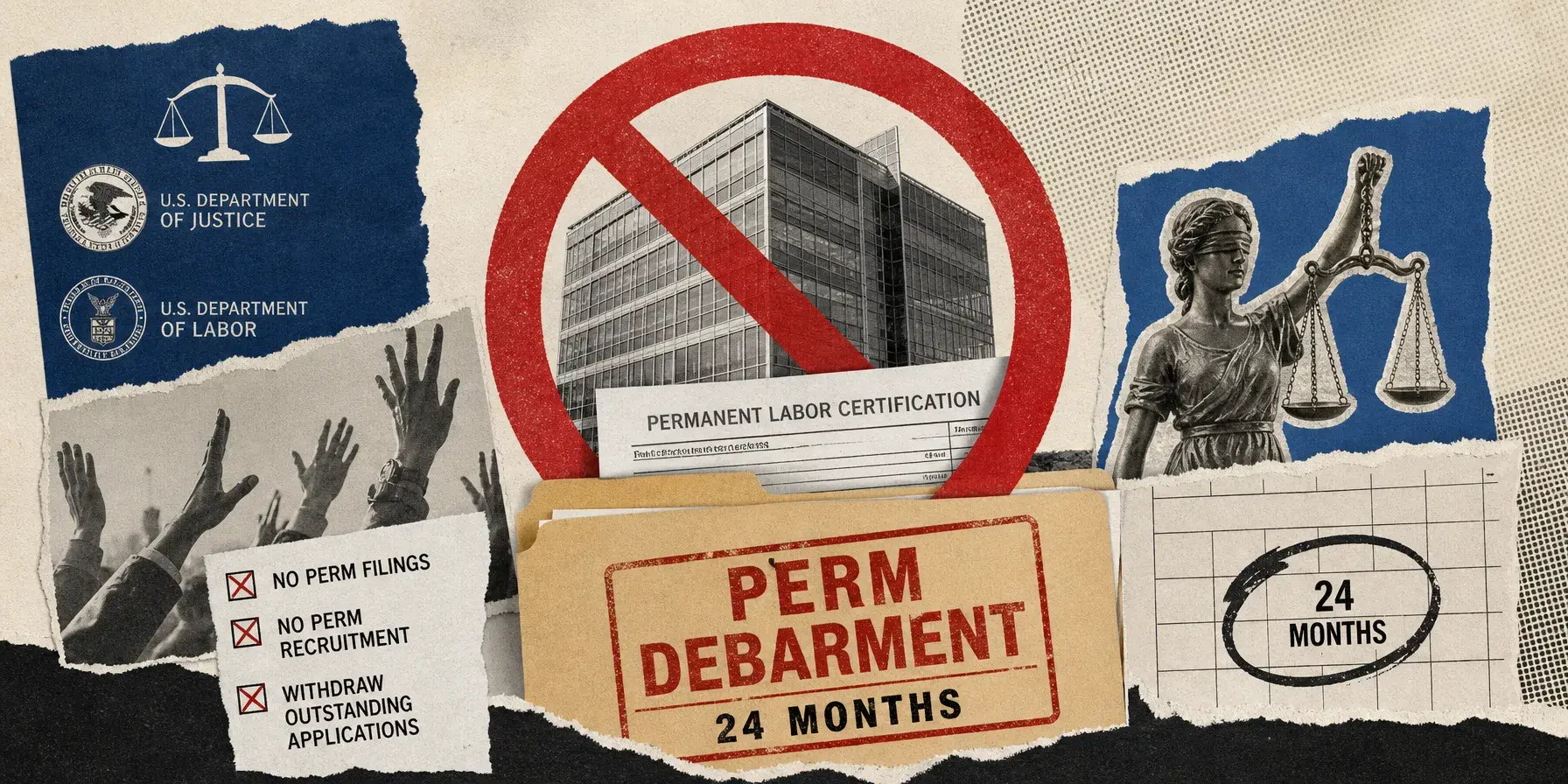 Editorial collage with Justice and Labor Department logos, a crossed-out office building, and a folder stamped “PERM Debarment—24 Months.”
