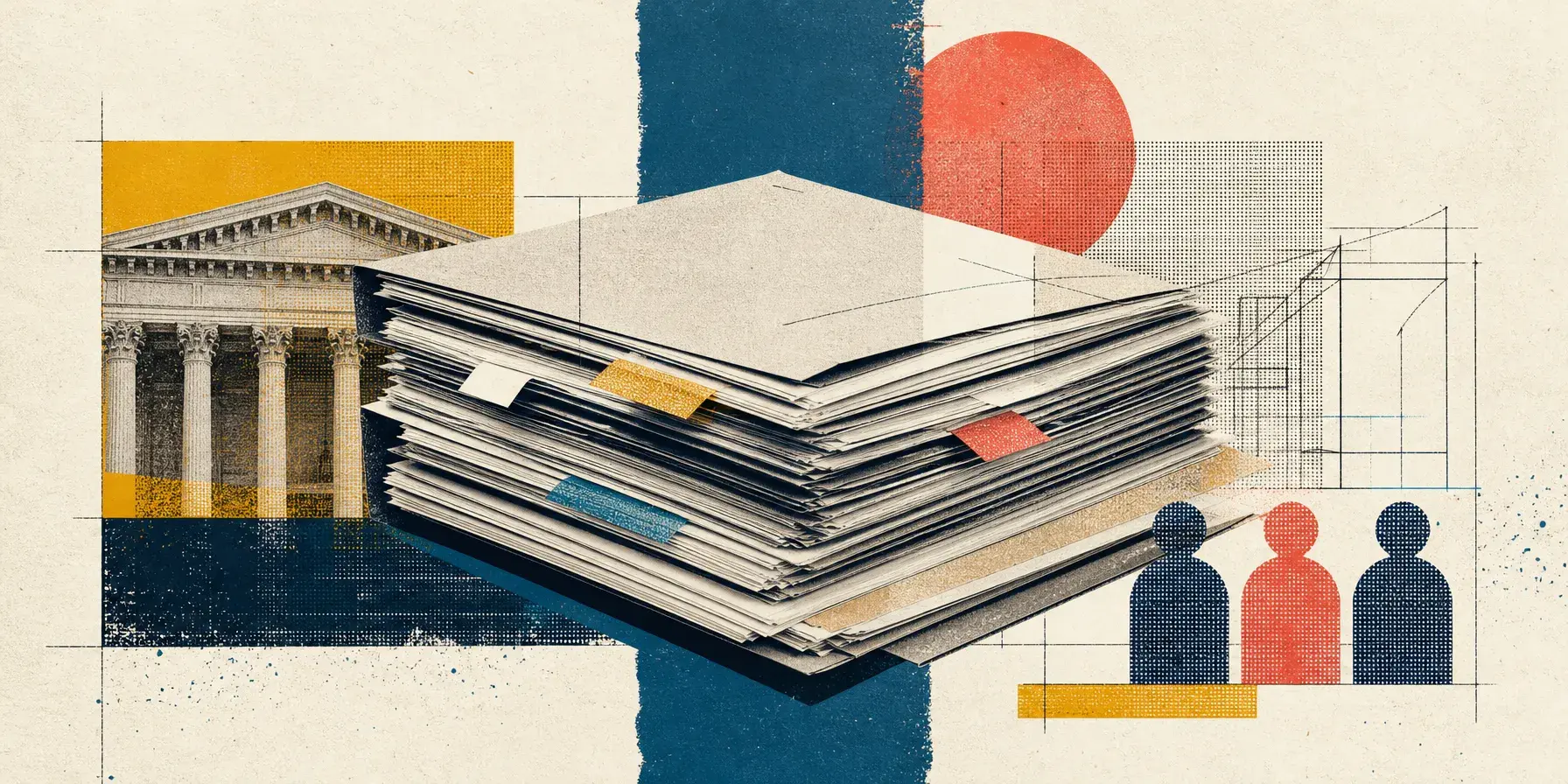 Editorial collage of stacked paperwork, a government building with columns, and three worker icons representing PERM regulation.