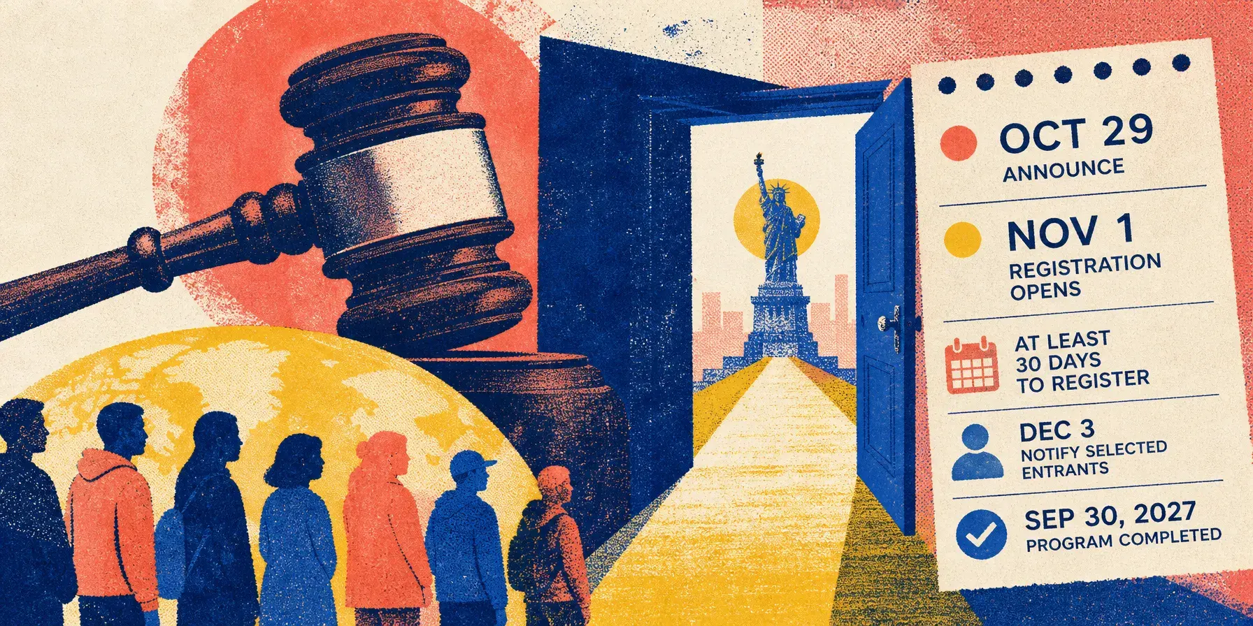 Editorial illustration of a gavel, people lined up and an open door to the Statue of Liberty beside DV-2027 dates, including registration opening November 1.