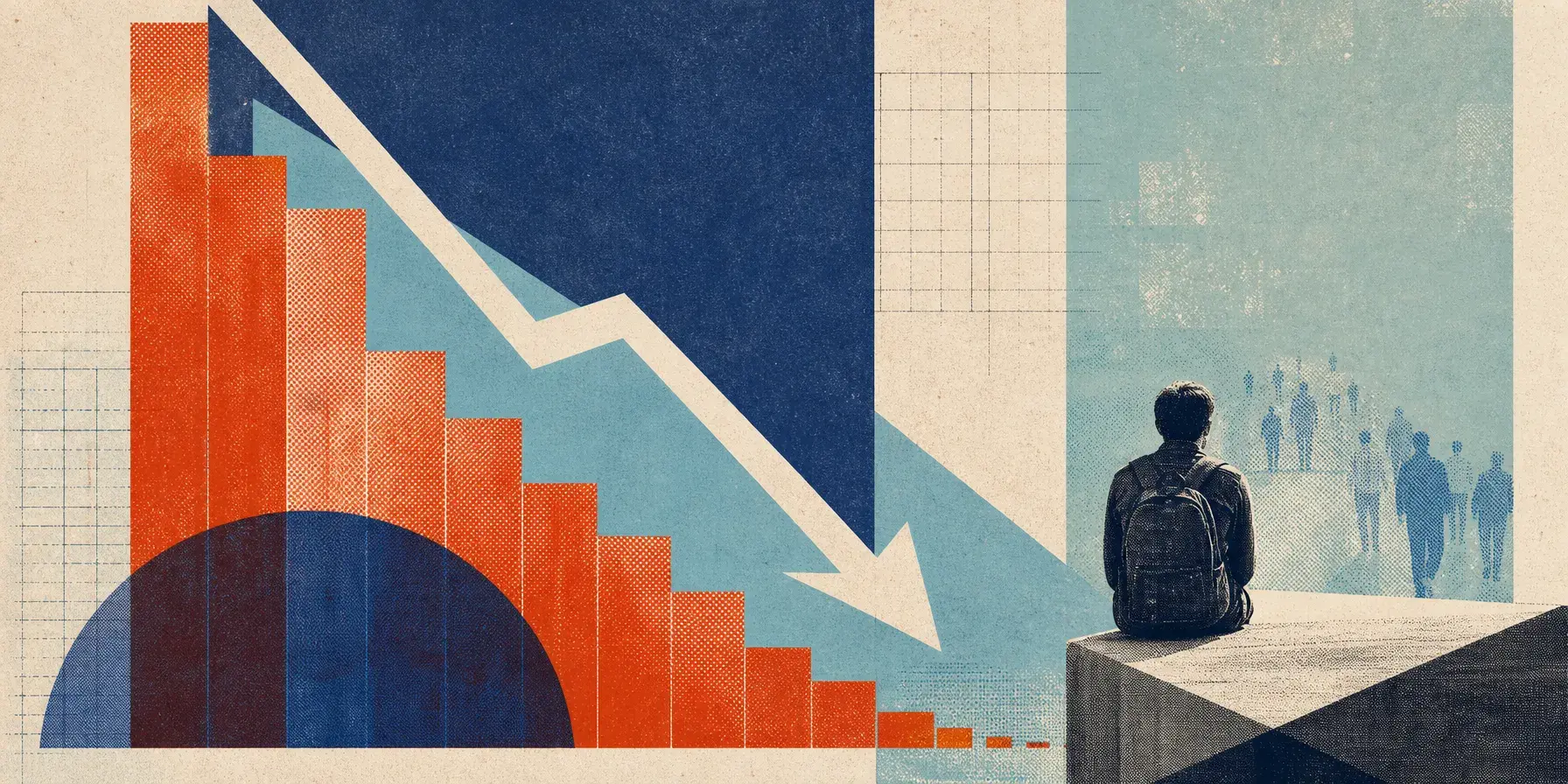 Illustration of a backpacked person facing silhouettes beside a steeply declining bar chart and downward arrow.