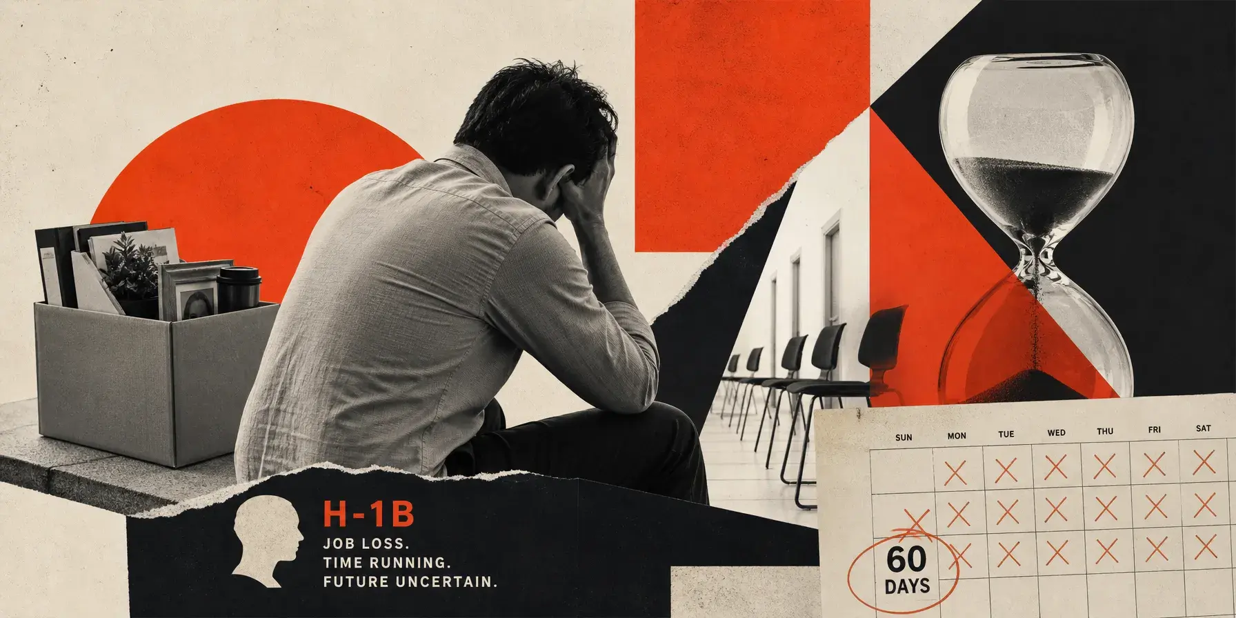 Editorial collage of a man with his head in his hand beside a packed office box, empty interview chairs, an hourglass and a calendar marked “60 days.”