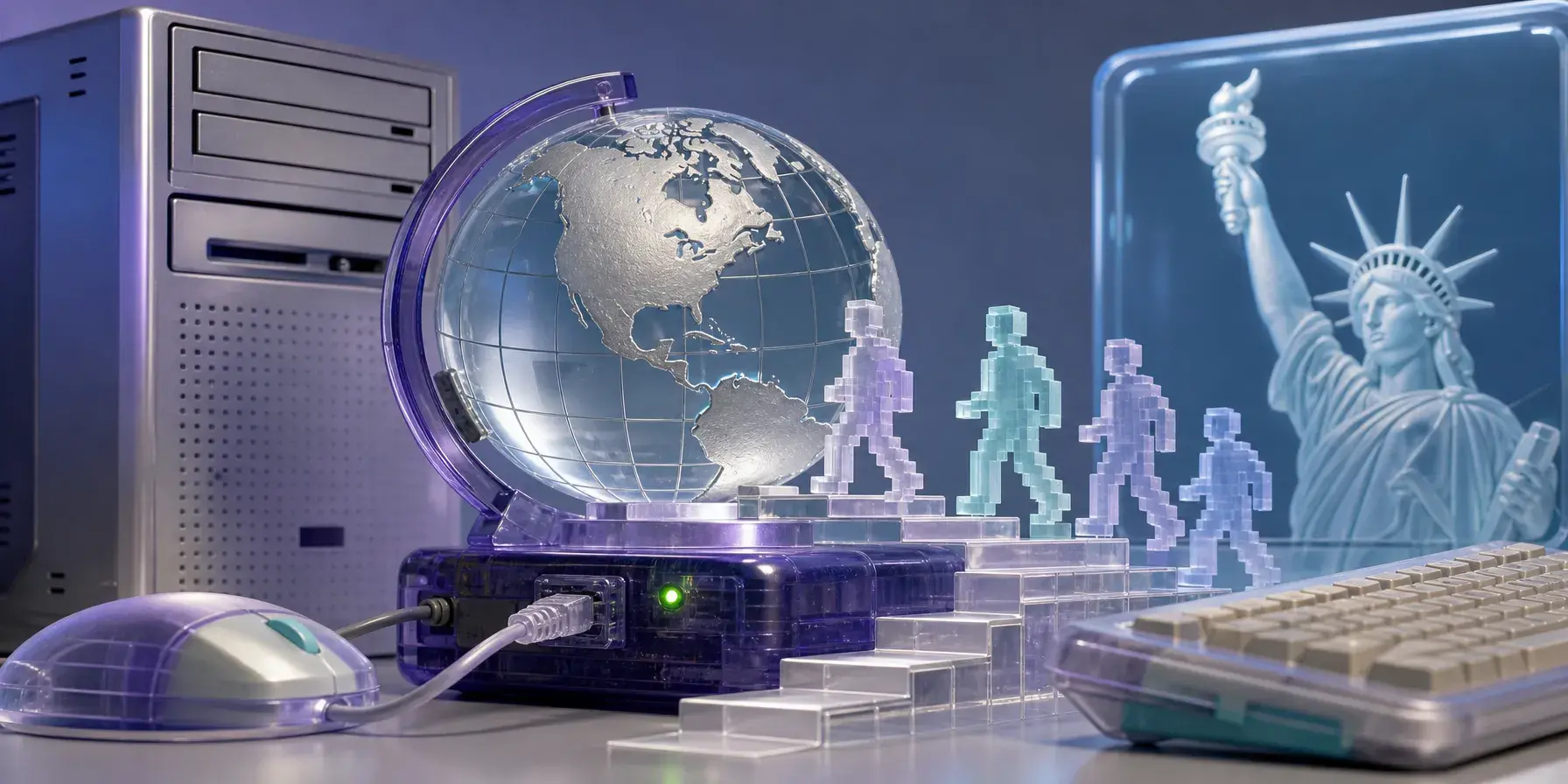 Pixelated figures cross transparent steps from a globe and computer toward a screen displaying the Statue of Liberty.