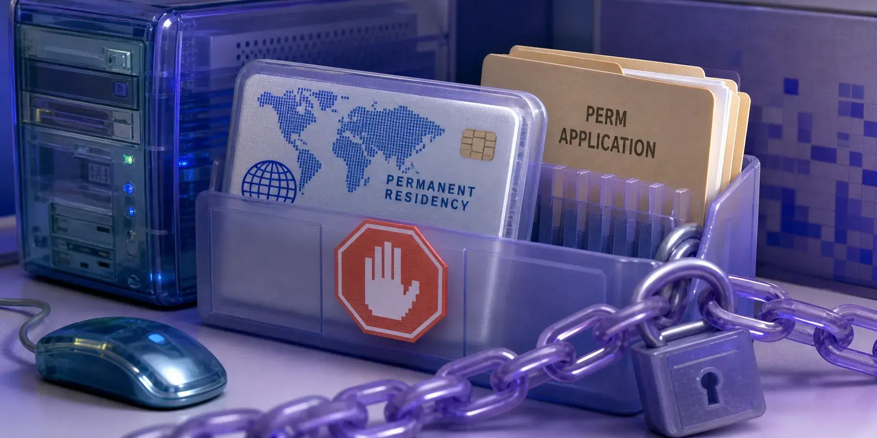 Conceptual image of a PERM application folder and permanent residency card behind a stop sign, secured by a chain and padlock.