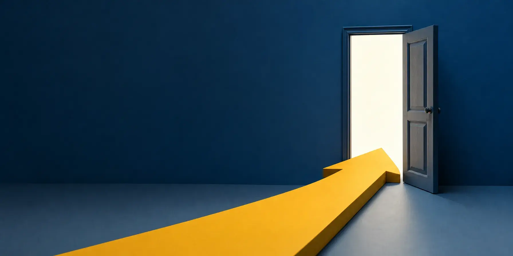 Conceptual illustration of a large upward arrow leading through an open, brightly lit doorway.
