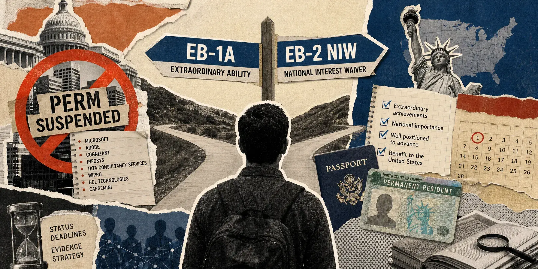 Editorial collage of a person at a fork toward EB-1A or EB-2 NIW, beside a PERM suspended sign, passport and green card.