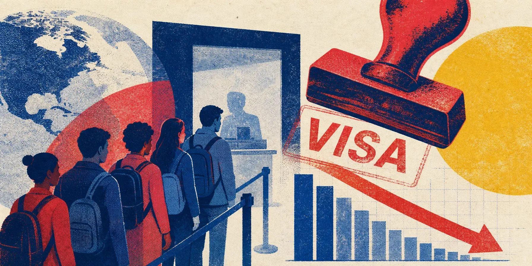 Editorial illustration of visa applicants in line, a globe, a “VISA” stamp, and a sharply declining bar chart.