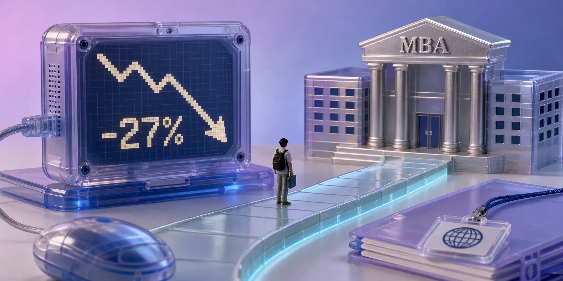 Miniature applicant approaches an MBA building beside a display showing a downward arrow and 27% decline.