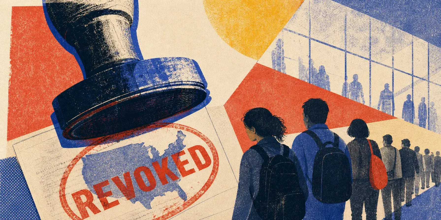 Editorial illustration of a gavel above a U.S. map stamped “REVOKED,” beside a line of travelers with backpacks.