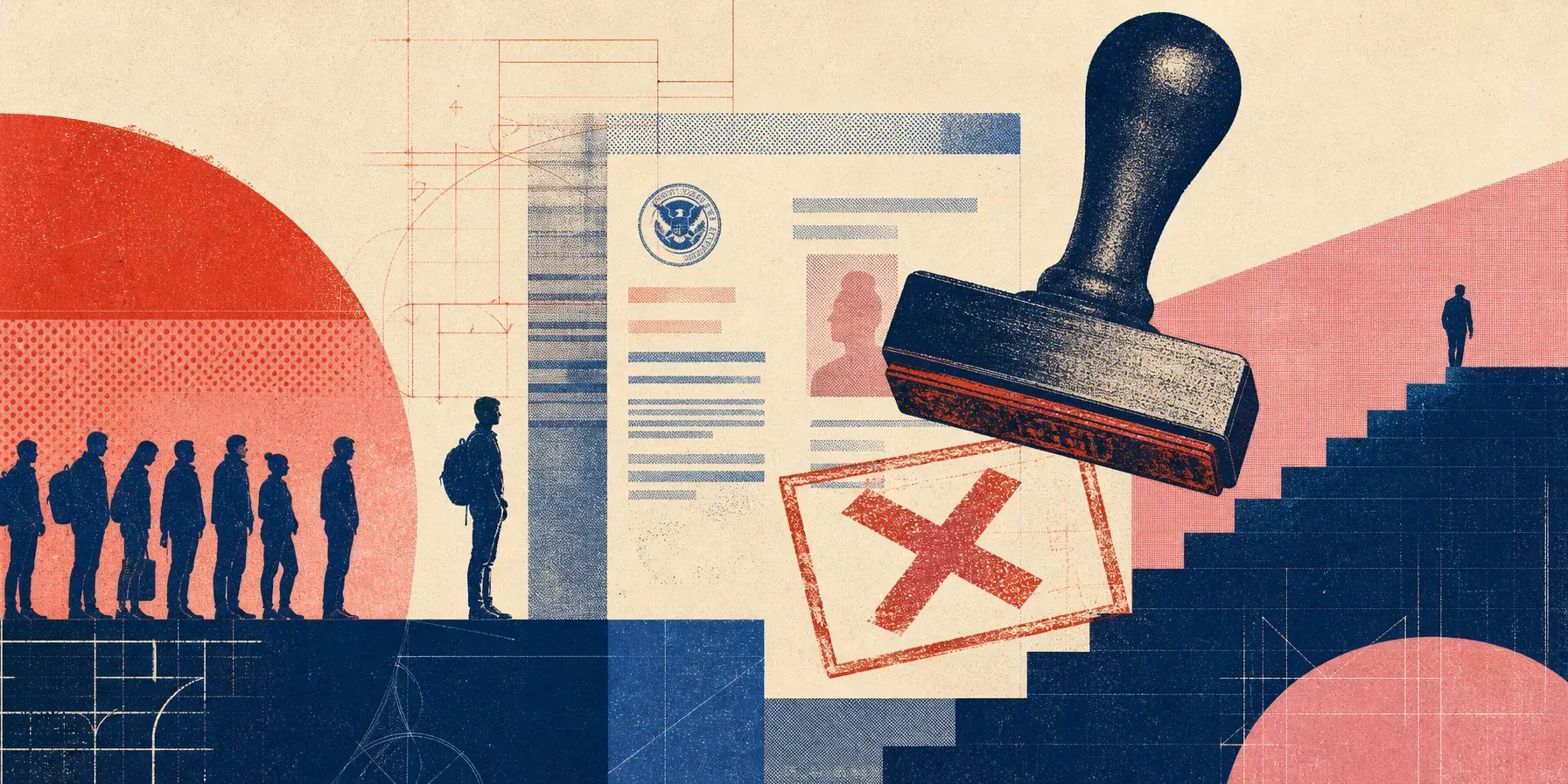 Editorial illustration of a USCIS work permit card, a large denial stamp and applicants waiting in line.