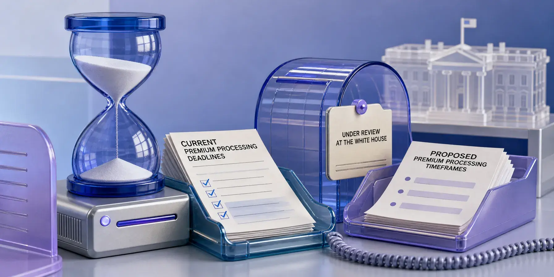 Illustration of an hourglass and premium processing documents labeled “current deadlines,” “proposed timeframes,” and “under review at the White House.”