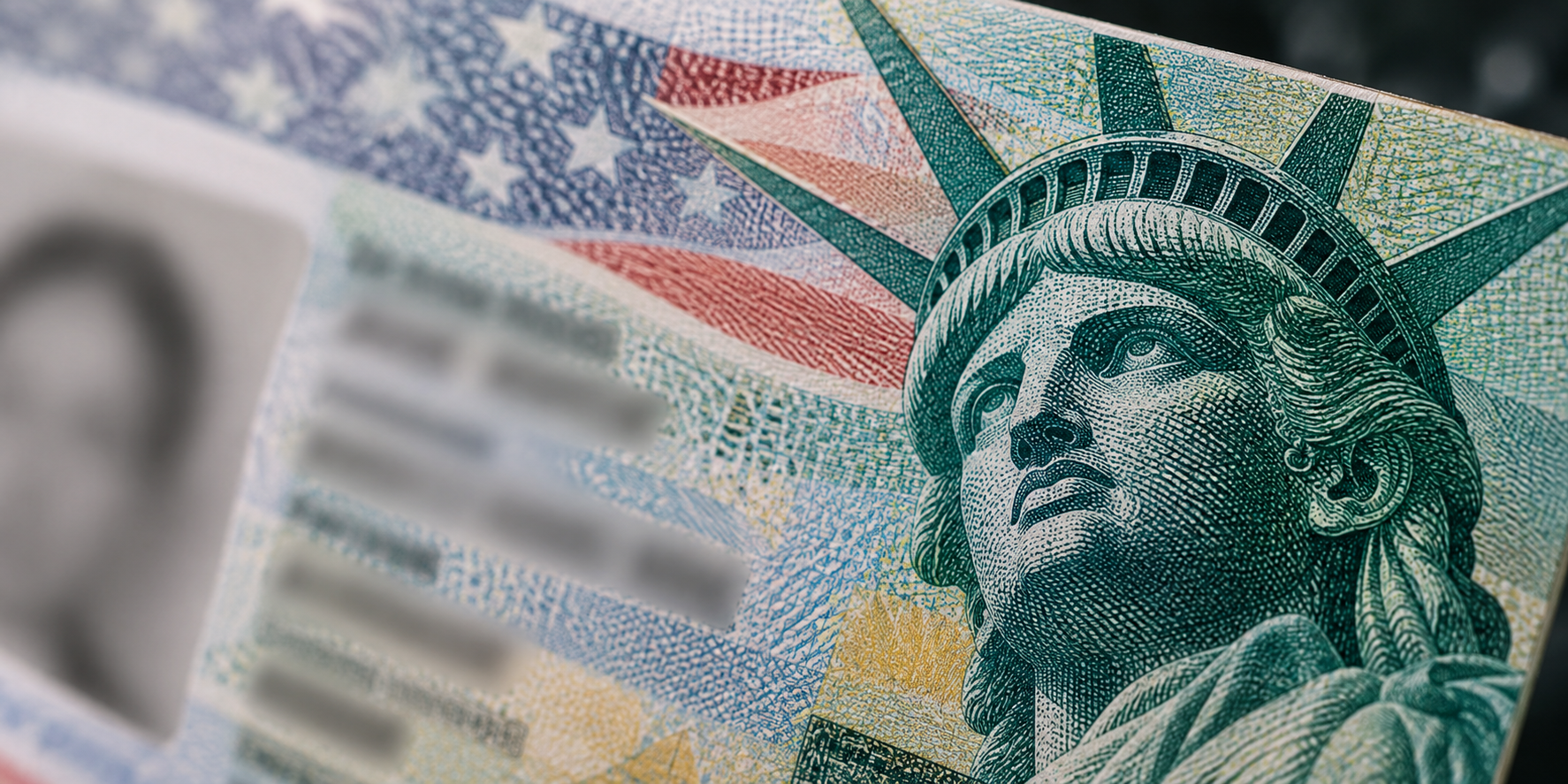 Close-up of a U.S. green card featuring the Statue of Liberty in detailed green engraving.