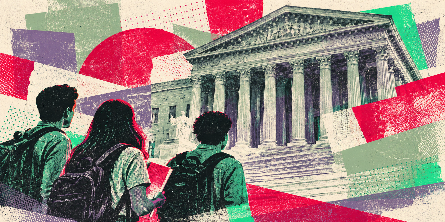 Editorial collage showing three backpacked figures facing a courthouse amid layered print textures.